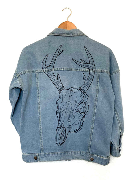 deer skull embroidered oversized denim jacket