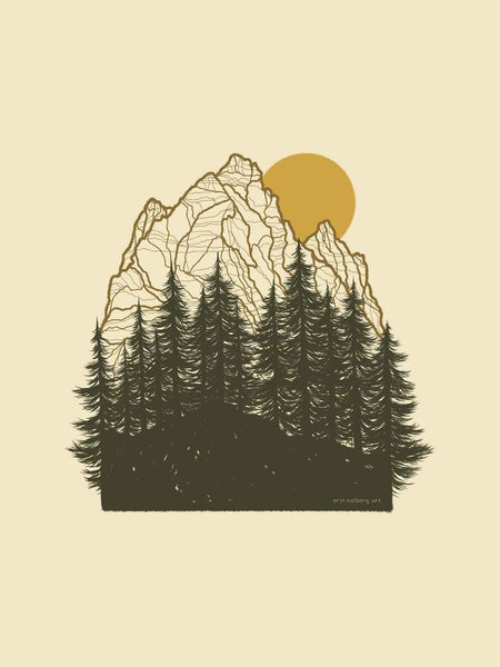 mountains and evergreens with sun sticker