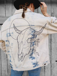 cow skull western denim embroidered tie dye jacket