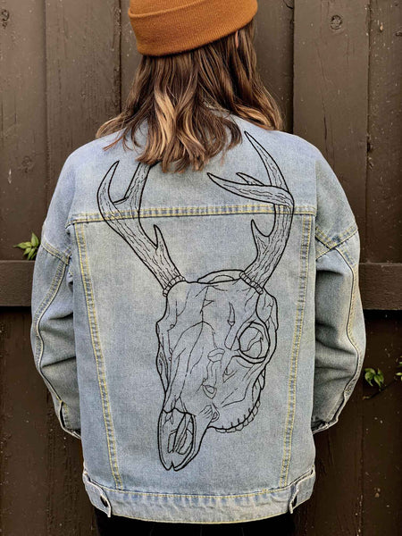 deer skull embroidered oversized denim jacket
