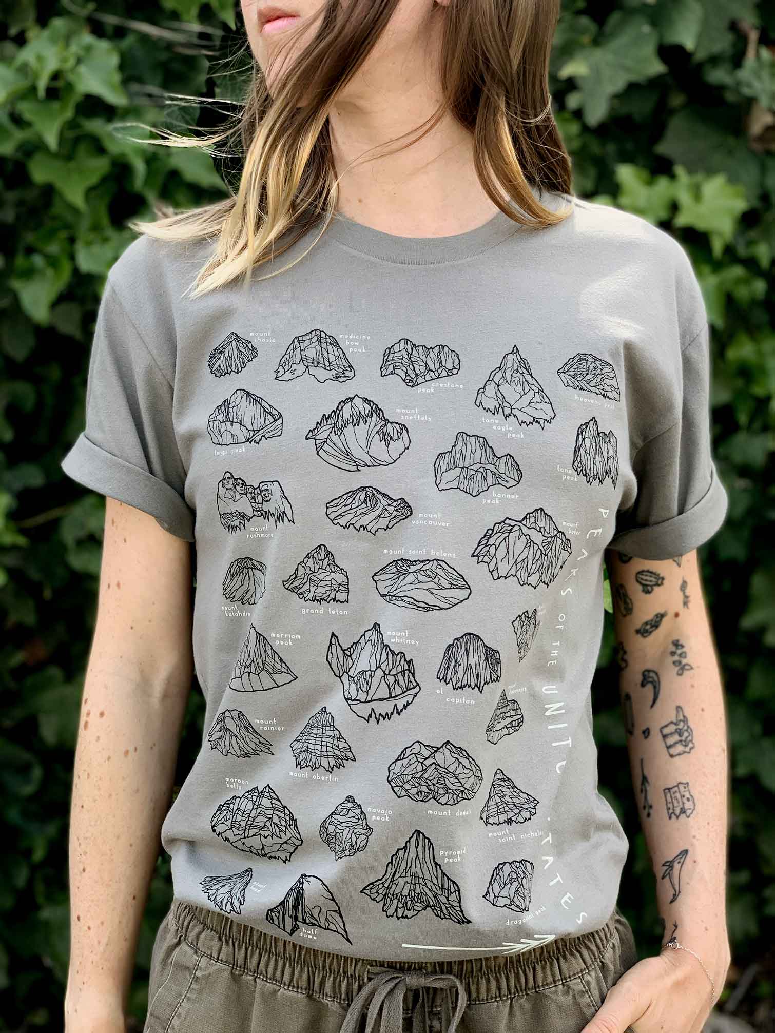 united states mountain peaks outlines with labels tshirt