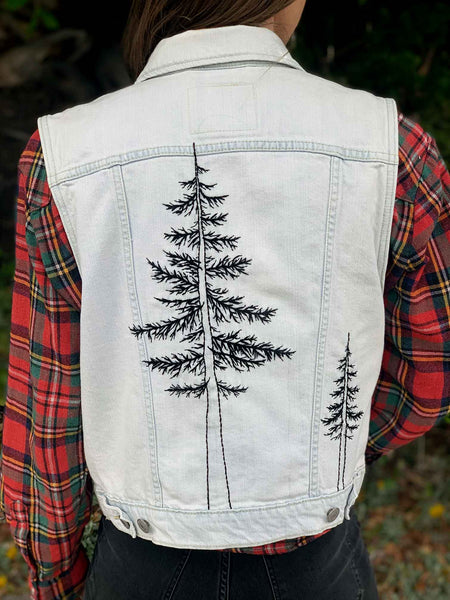 evergreen tree hand embroidered levi strauss denim vest